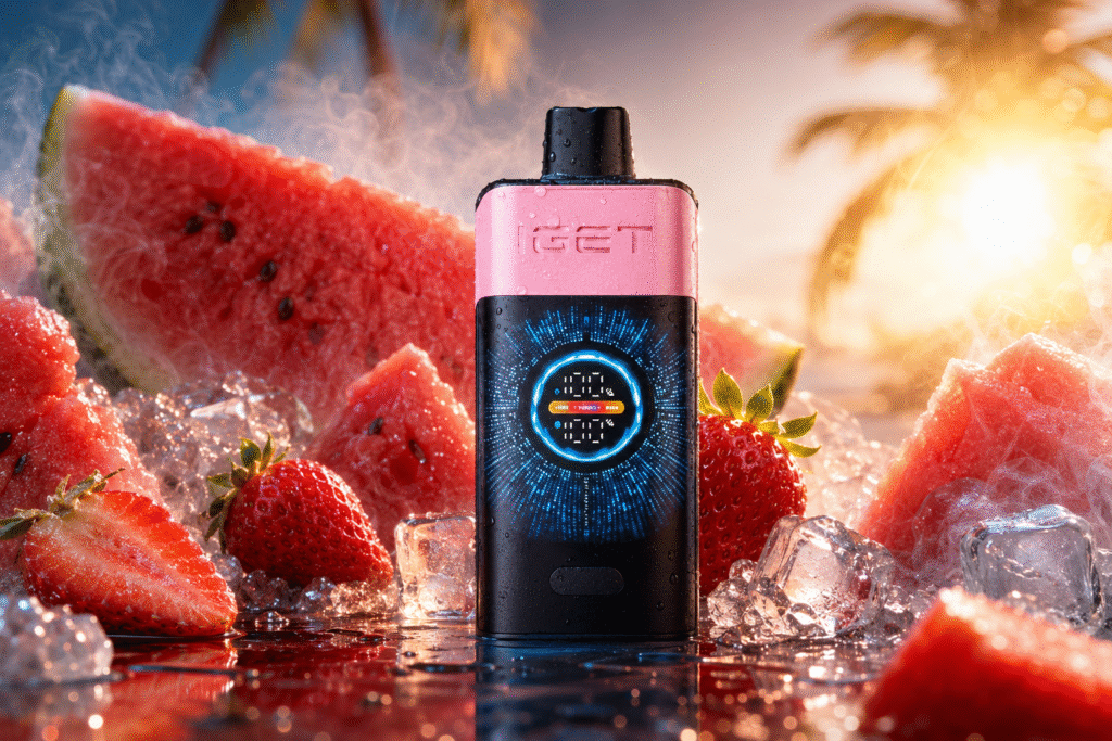 Close-up flavour visual showing strawberry sweetness, juicy watermelon, and icy cooling layers inside the IGET One vape.