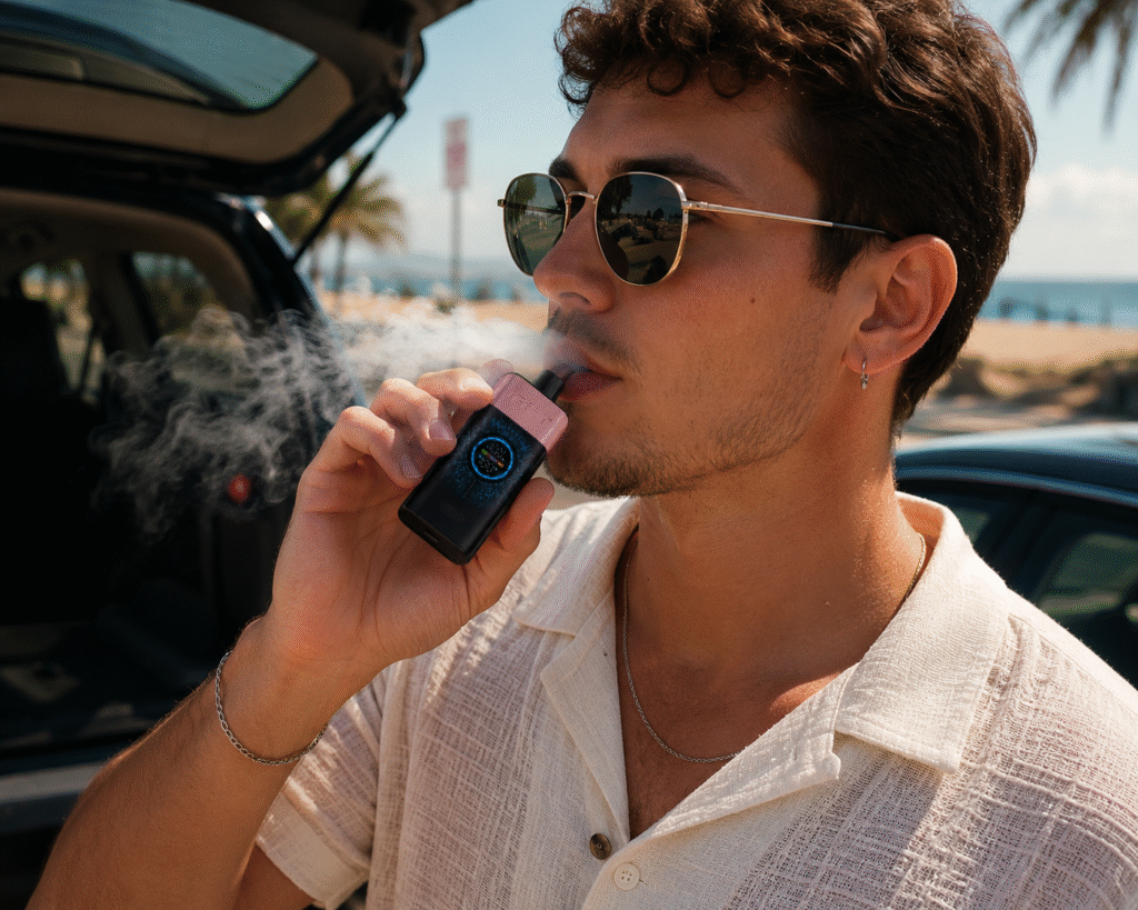 Australian vaper using IGET One Strawberry Watermelon outdoors during warm summer weather.