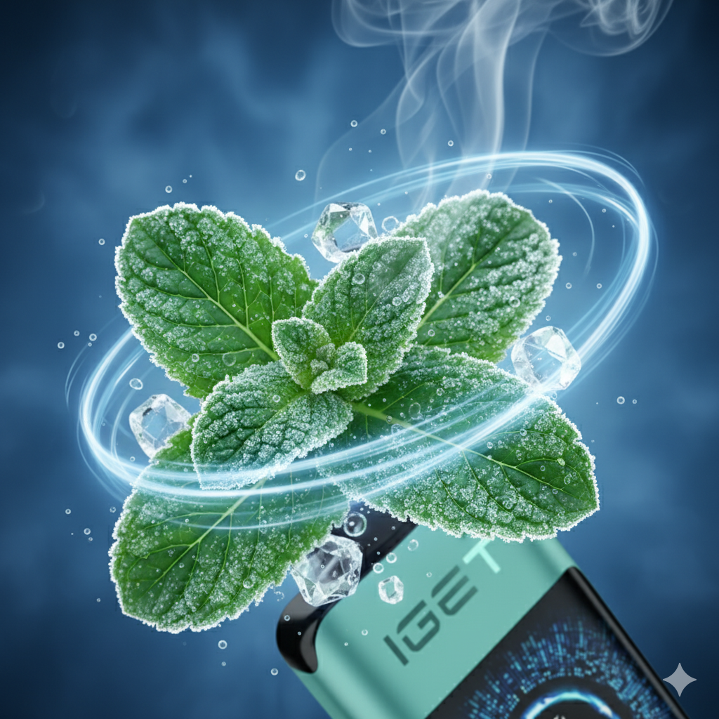 Close-up of icy mint flavour visuals for IGET One Mountain Spring Mint vape review