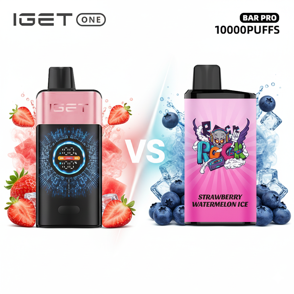 Side-by-side flavour comparison between IGET One Strawberry Watermelon and iget bar pro Strawberry watermelon disposable vapes.