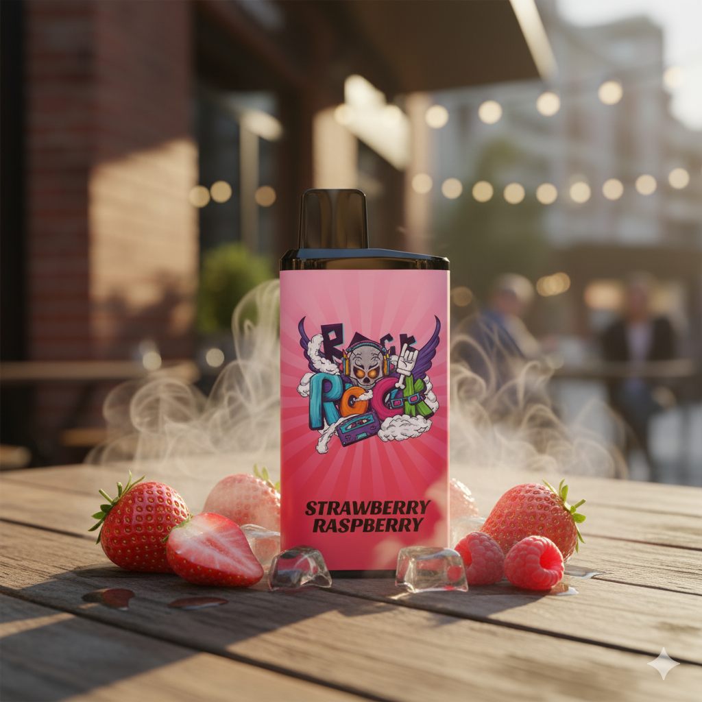 A reviewer holding the IGET Bar Pro 10000 Strawberry Raspberry vape in a casual outdoor setting in Melbourne.