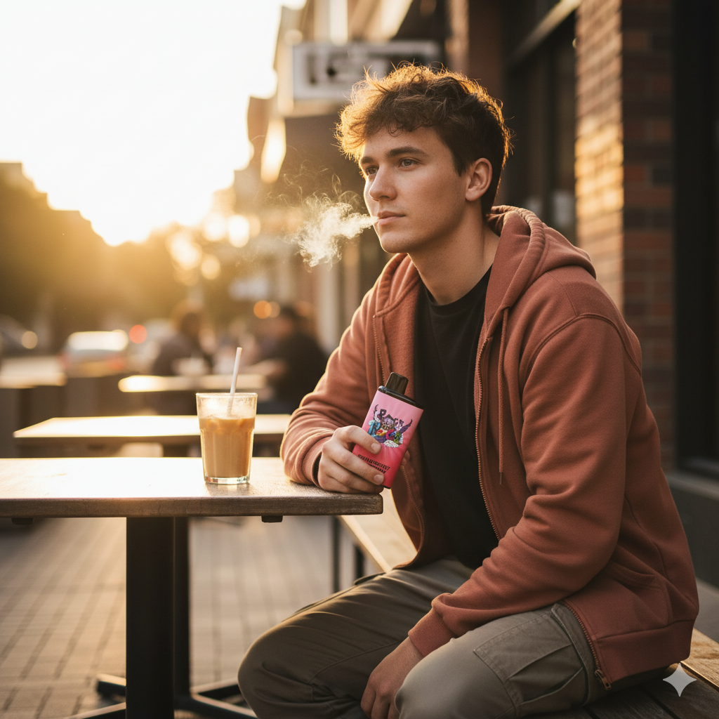 The IGET Bar Pro 10000 Strawberry Raspberry vape resting on a cafe table next to a coffee, with a blurred Sydney street in the background.
