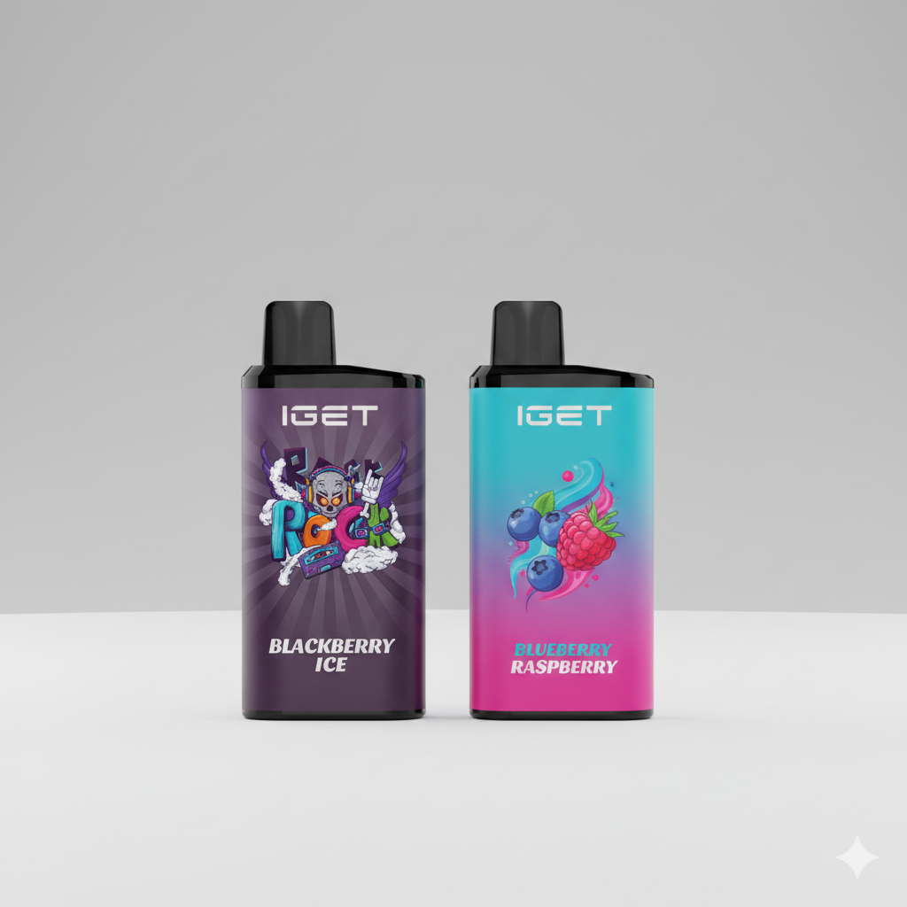 A side-by-side photo of the IGET Bar Pro Blackberry Ice and Blueberry Raspberry.