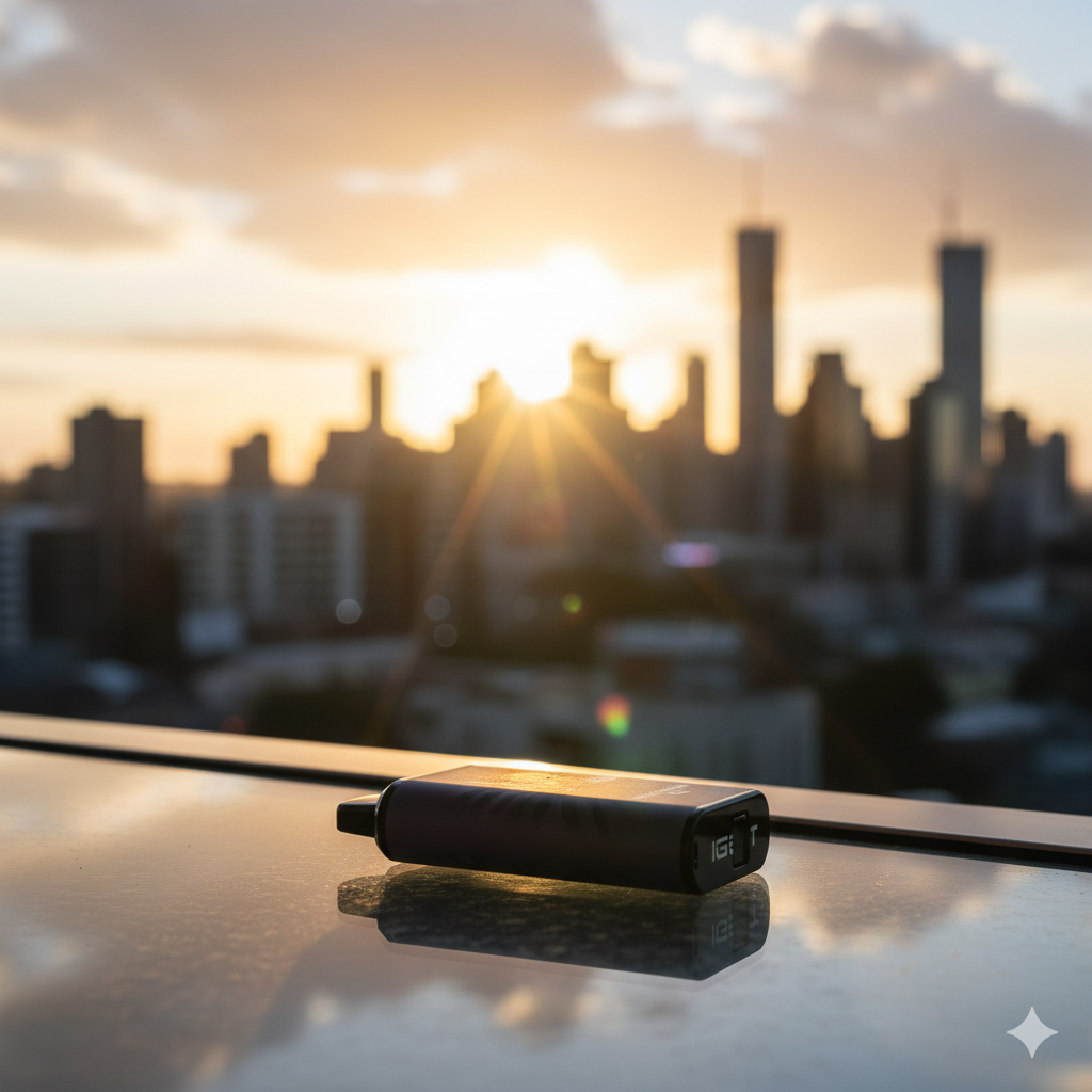 Someone vaping the IGET Bar Pro Blackberry Ice on a balcony, with the sun setting over a city.