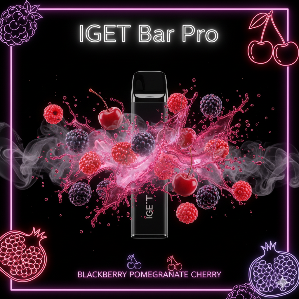 A graphic showing blackberry, pomegranate, and cherry icons with flavour notes for the IGET Bar Pro review.