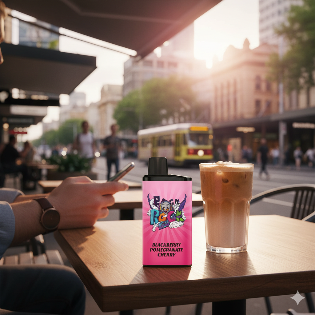 Someone vaping the IGET Bar Pro Blackberry Pomegranate Cherry while waiting for a tram in Adelaide.