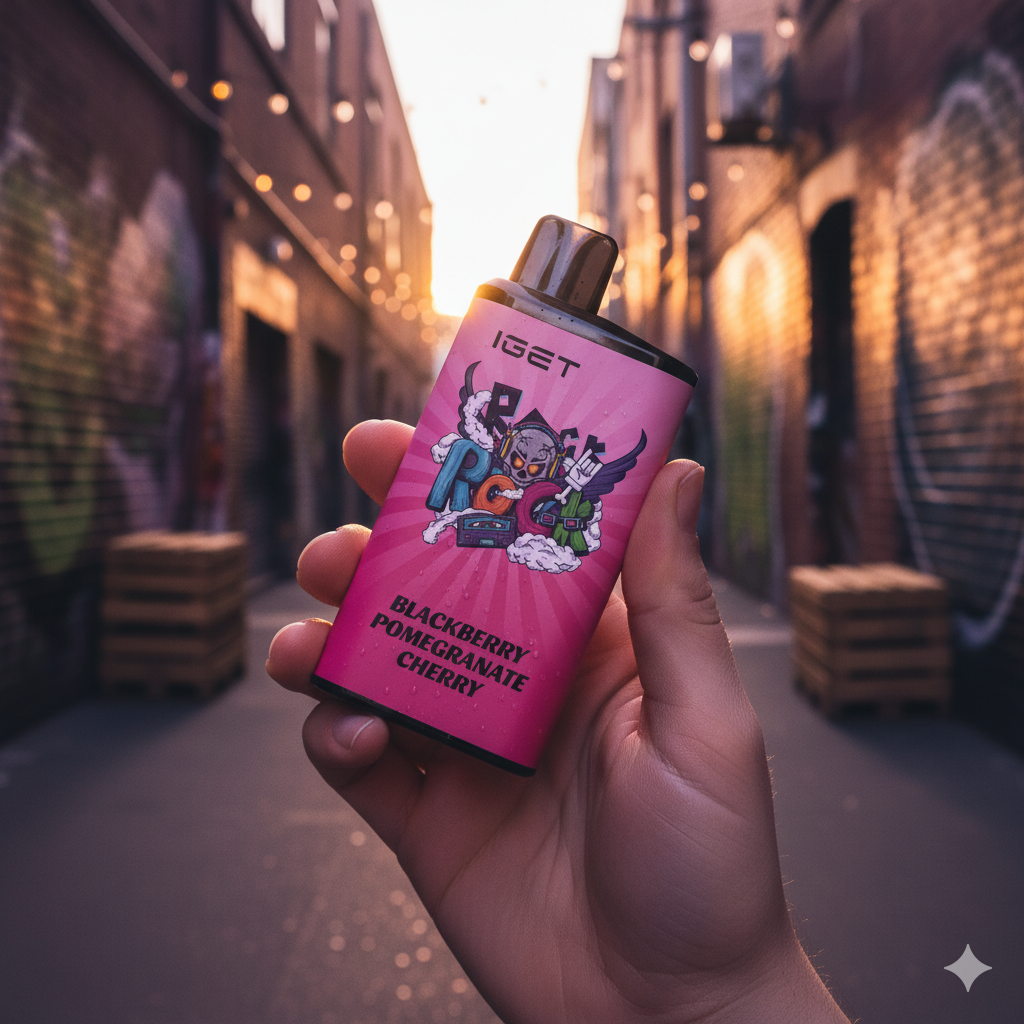 The IGET Bar Pro Blackberry Pomegranate Cherry vape held in hand against a blurred Melbourne laneway background.