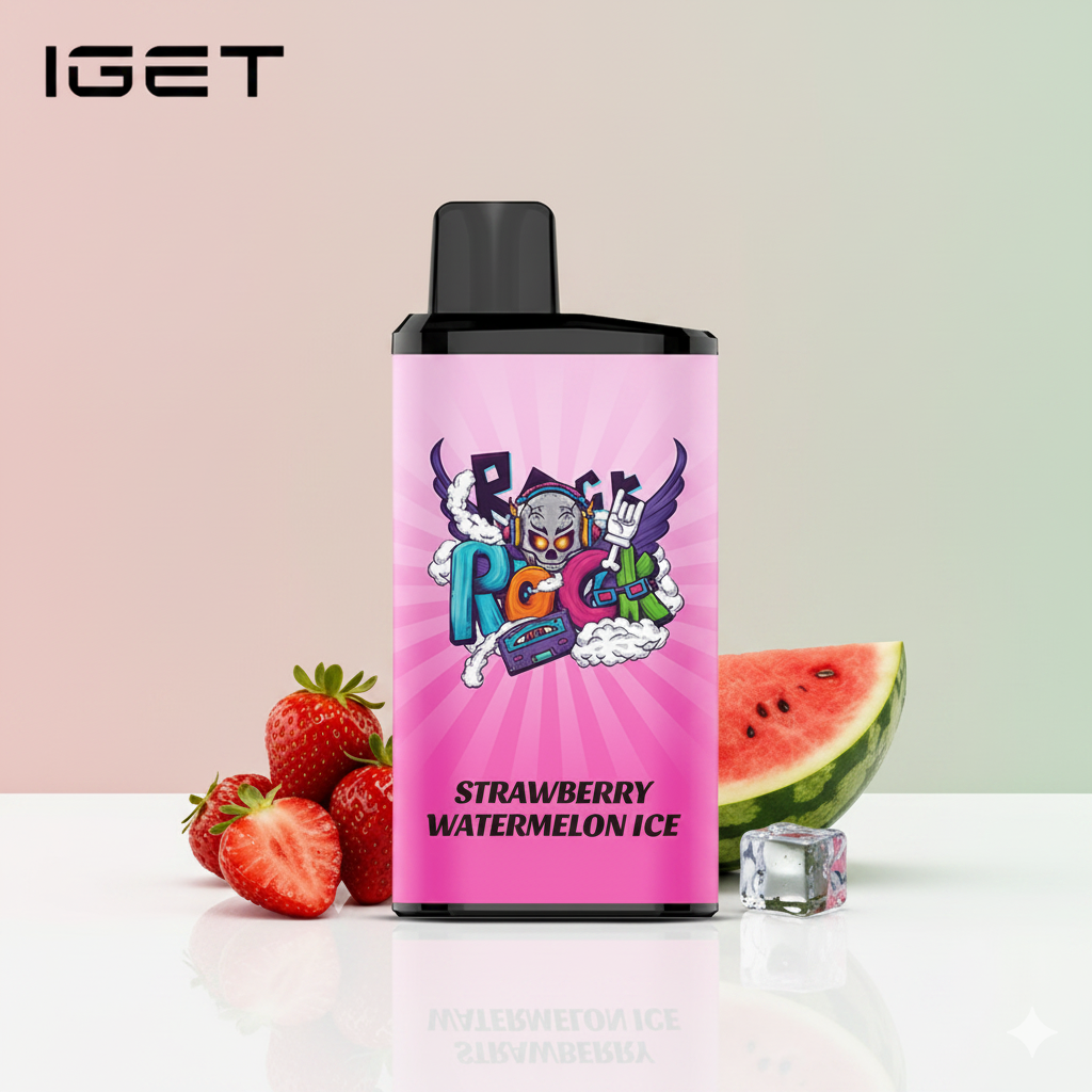 A clear graphic detailing the IGET Bar Pro Strawberry Watermelon Ice flavor notes, featuring clean icons for sweet strawberry, crisp watermelon, and a cooling ice block.