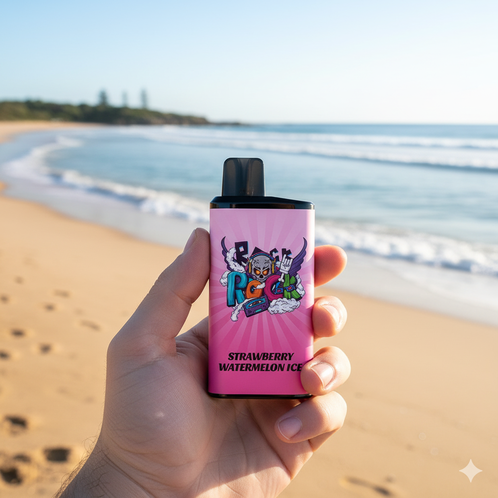 A person holding the IGET Bar Pro Strawberry Watermelon Ice disposable vape against a bright, sunny Australian beach background.