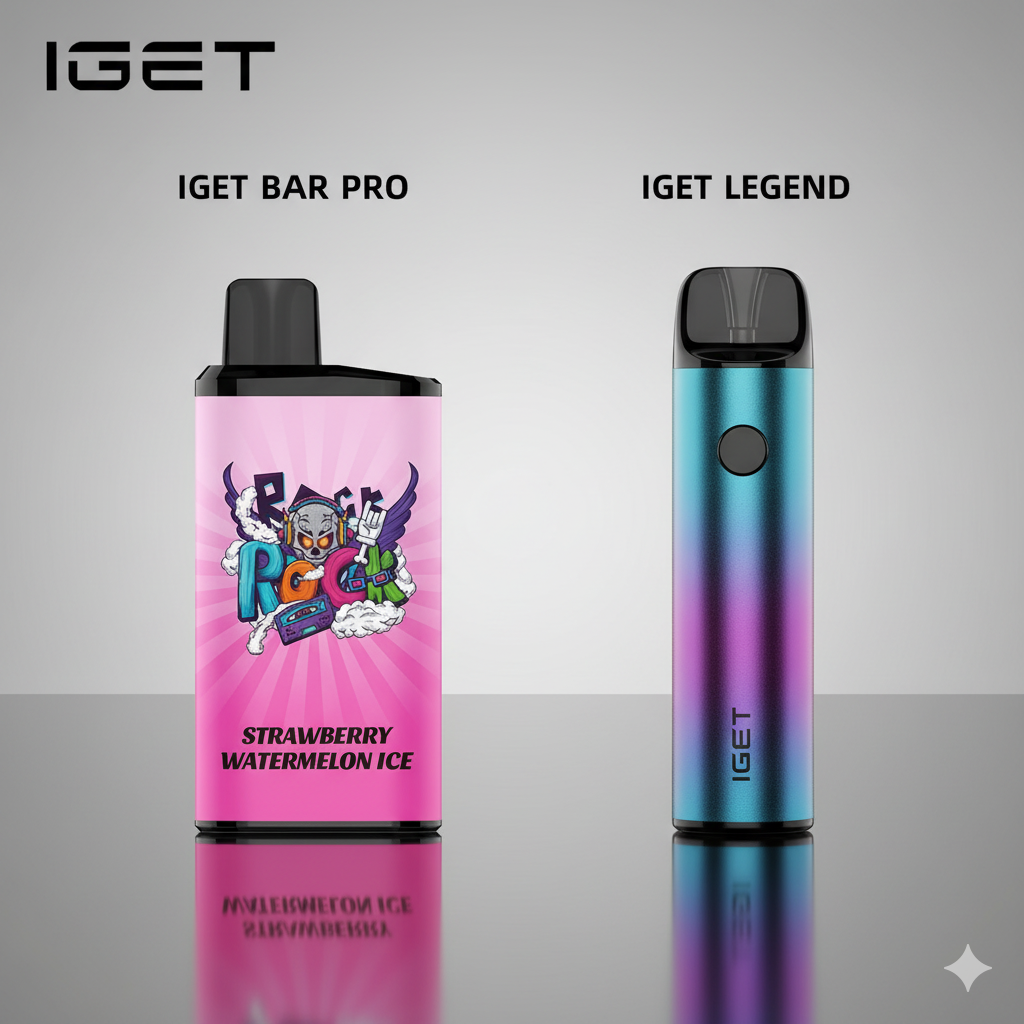 A direct side-by-side photo comparing the IGET Bar Pro Strawberry Watermelon Ice with an IGET Legend to highlight the size and design differences.