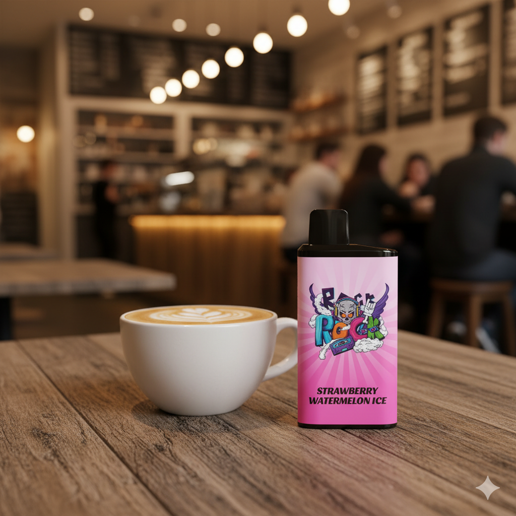 The robust IGET Bar Pro Strawberry Watermelon Ice device resting on a clean wooden cafe table next to a freshly poured flat white in Sydney.