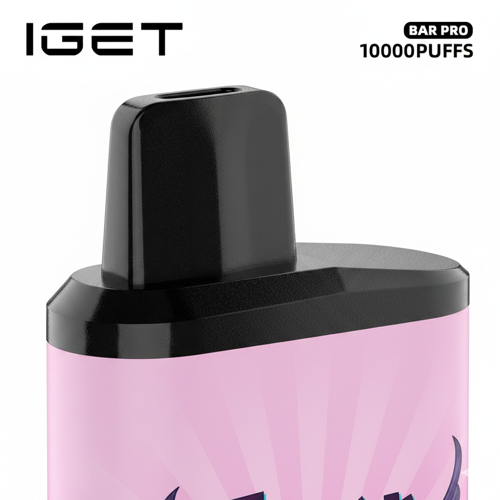 A detailed macro photo showcasing the ergonomic mouthpiece and the signature graffiti-style artwork on the body of the IGET Bar Pro.