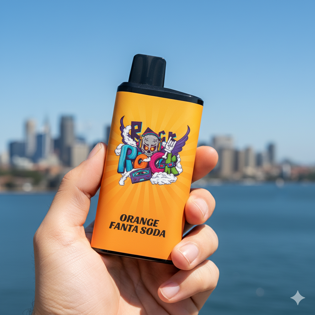 "IGET Bar Pro Orange Fanta Soda vape held in hand against a sunny Sydney backdrop."