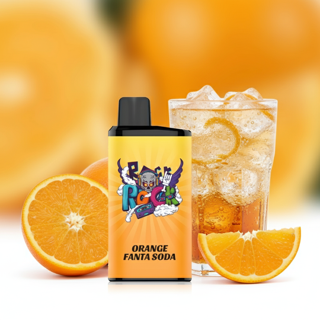 Close-up of the IGET Bar Pro mouthpiece and graffiti-style aluminium body showing the 'Orange Fanta Soda' text.