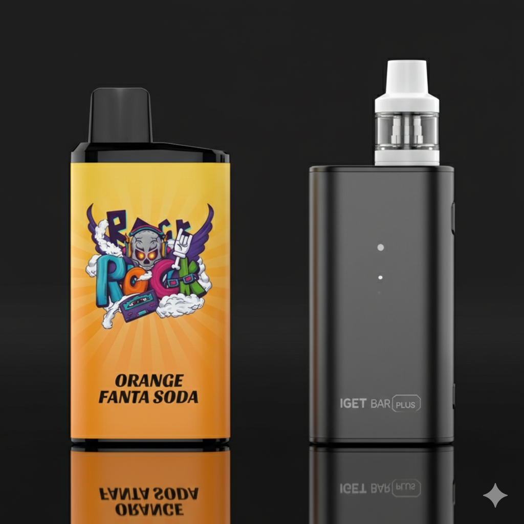 Side-by-side image comparing the IGET Bar Pro Orange Fanta Soda with the IGET Bar Plus and a generic Grape Ice vape