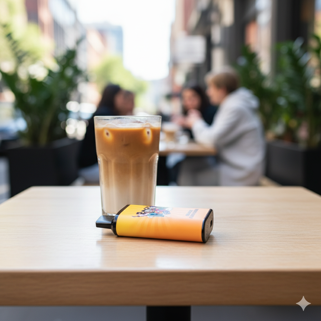 The orange-coloured IGET Bar Pro vape sitting on a cafe table next to an iced coffee in Melbourne.