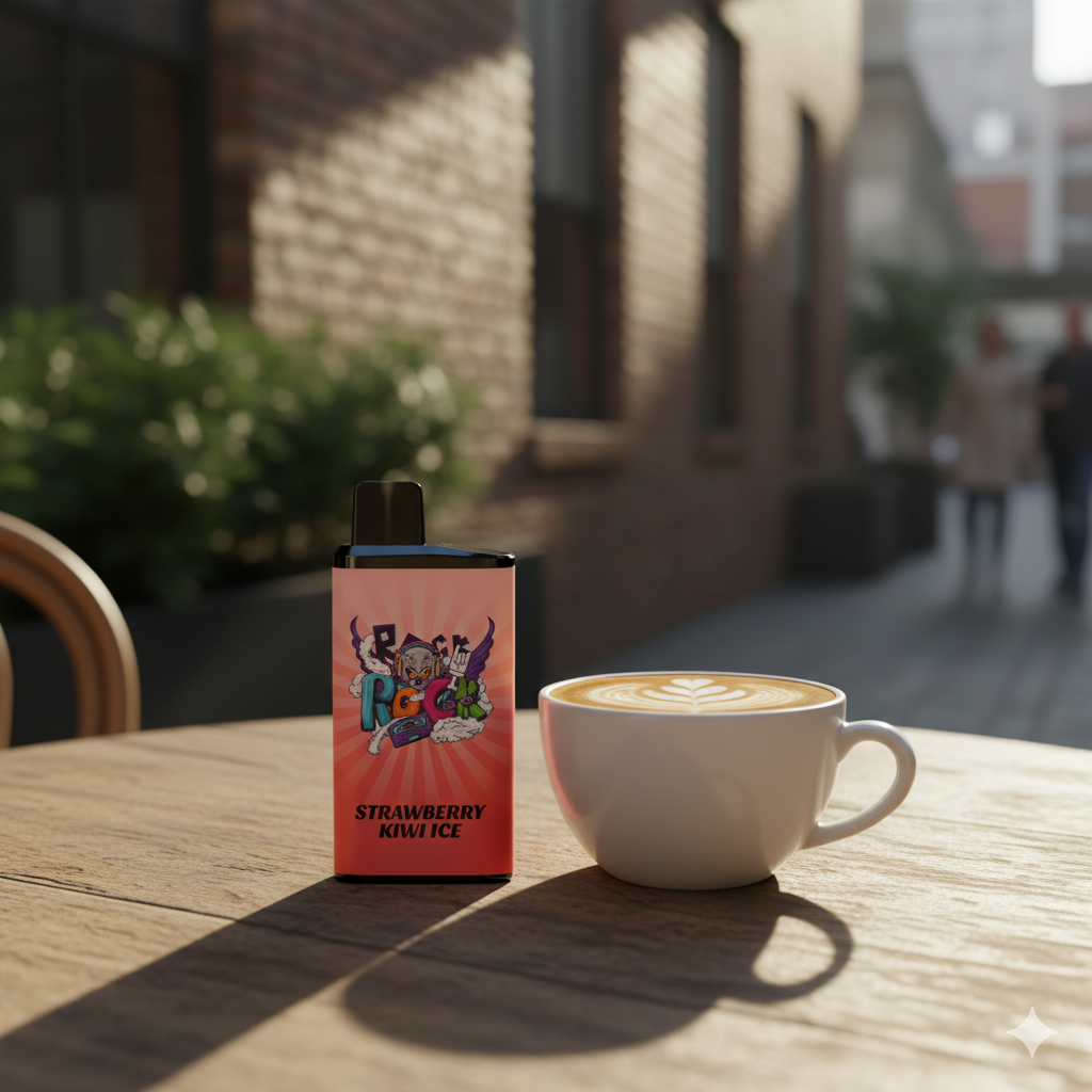 An elegant graphic featuring fresh strawberry, kiwi, and ice cube illustrations mapped to the flavor notes of the IGET Bar Pro.