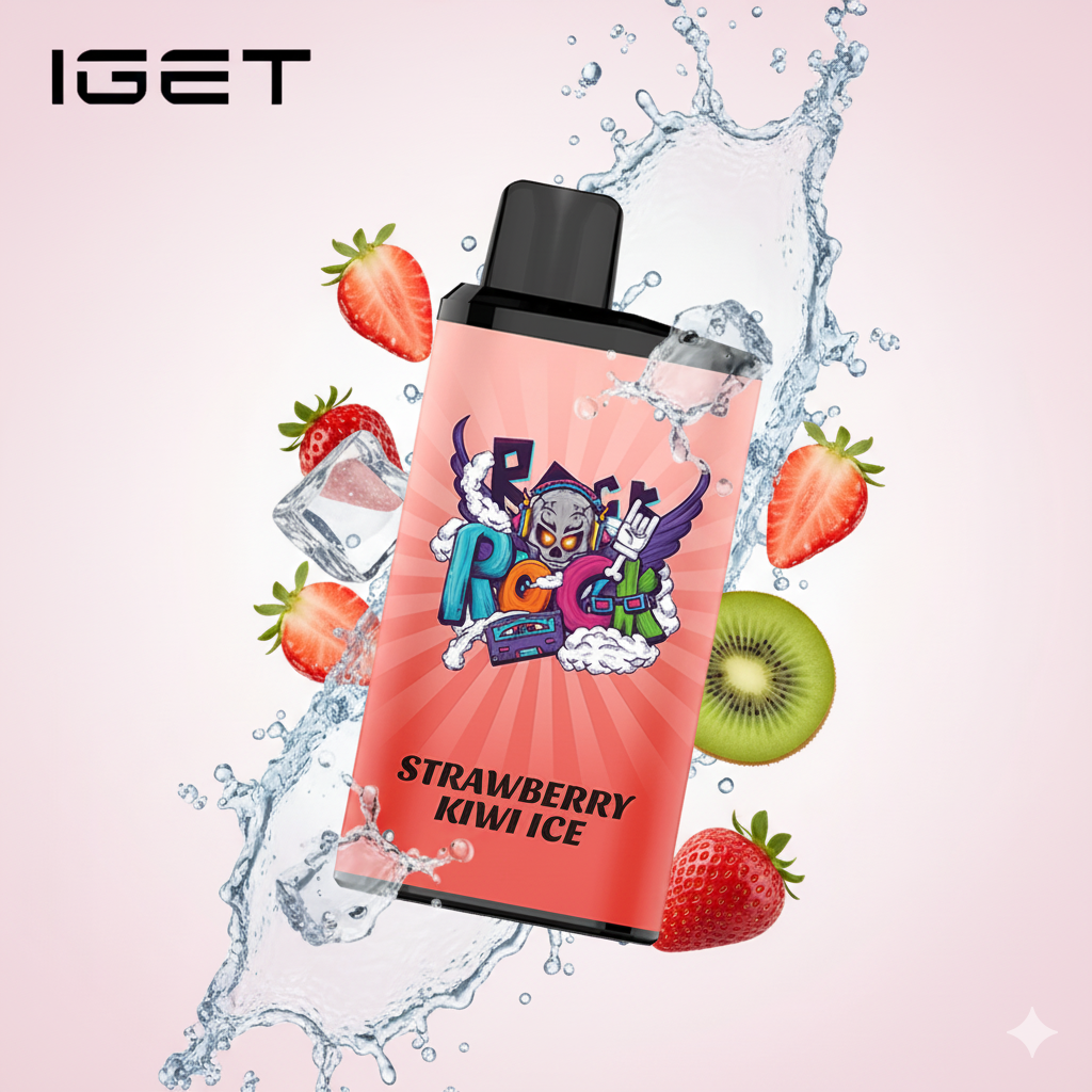 The textured IGET Bar Pro Strawberry Kiwi Ice vape resting on a rustic timber cafe table alongside a flat white coffee in a Sydney alleyway.