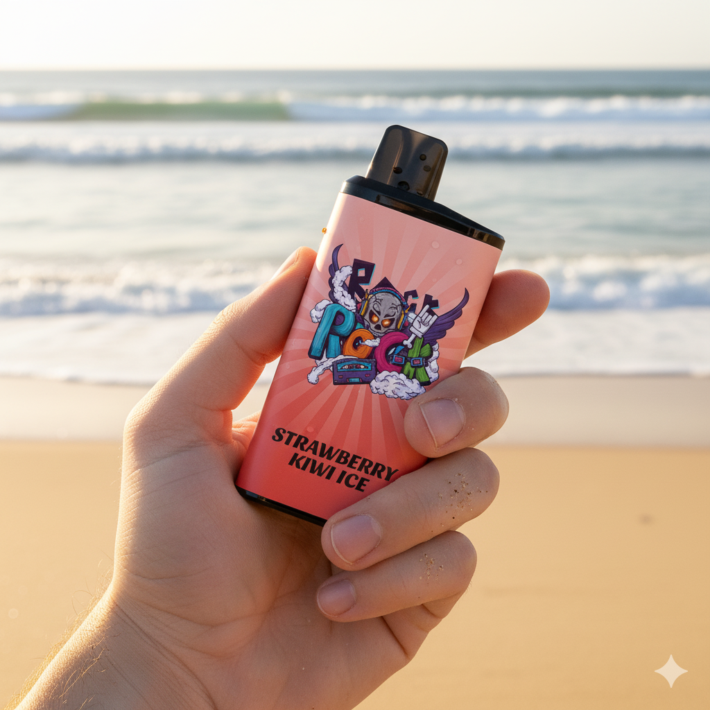 A close-up shot of the colorful IGET Bar Pro Strawberry Kiwi Ice vape being held against a bright Australian beach backdrop.