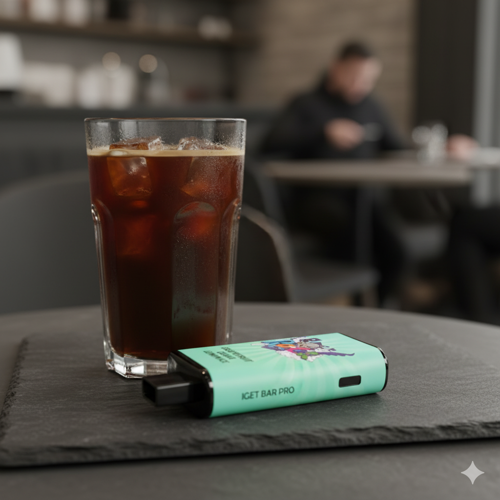 The IGET Bar Pro Grapefruit Guava Lemon Ice vape resting on a cafe table next to an iced long black coffee in Melbourne.