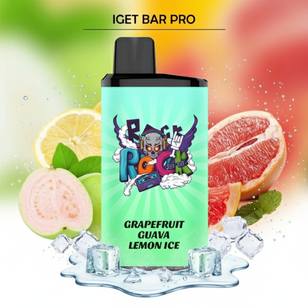 Infographic showing the IGET Bar Pro Grapefruit Guava Lemon Ice flavour notes: a large slice of zesty grapefruit, a smaller slice of lemon, and a subtle piece of pink guava on a bed of ice cubes.