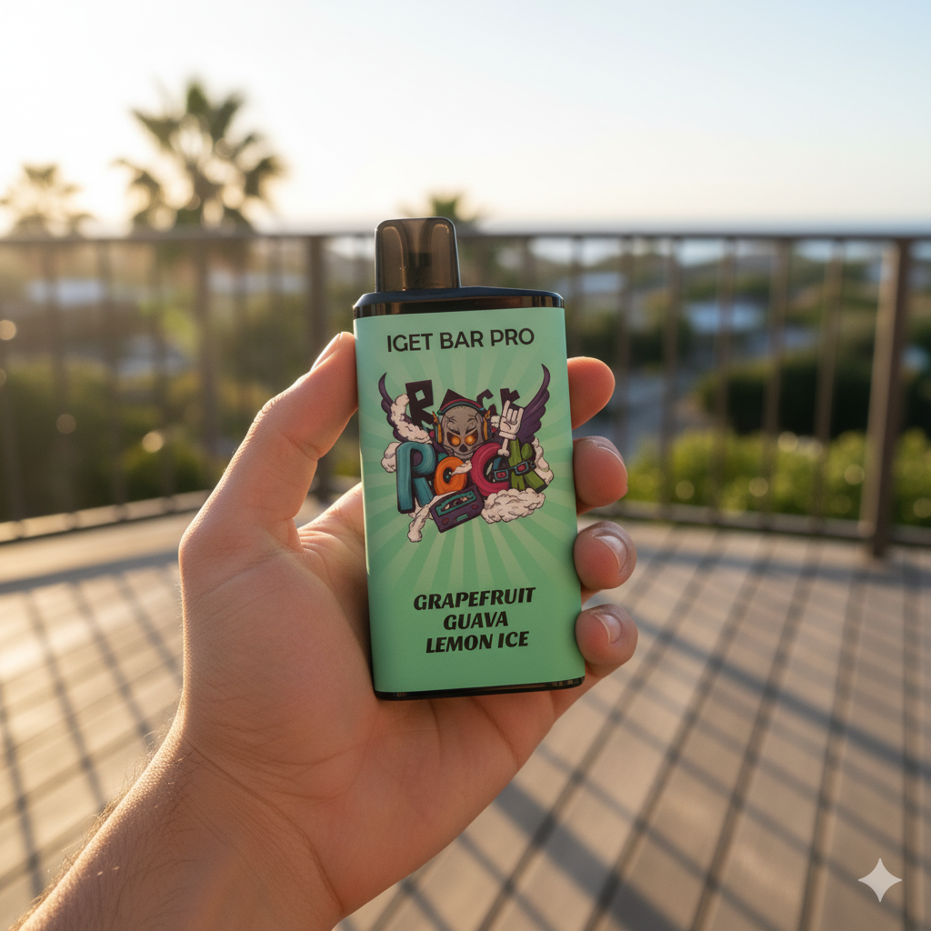 Hand holding the IGET Bar Pro Grapefruit Guava Lemon Ice vape against a sunny Aussie balcony background.