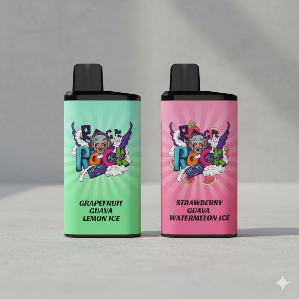The IGET Bar Pro Grapefruit Guava Lemon Ice next to an IGET Bar Pro Strawberry Watermelon Ice, highlighting their different colour schemes.