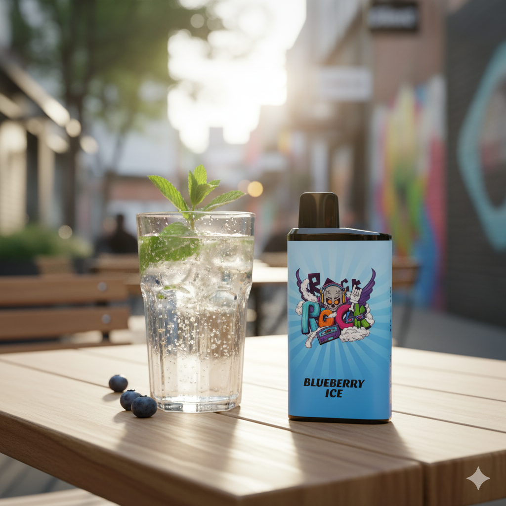 The sleek IGET Bar Pro Blueberry Ice device resting alongside an iced drink on an outdoor table at a bustling Melbourne café.