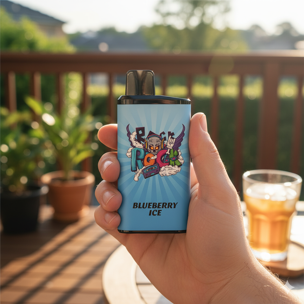 A person holding the blue IGET Bar Pro Blueberry Ice vape against a beautifully blurred sunny backdrop in a classic Australian outdoor setting.