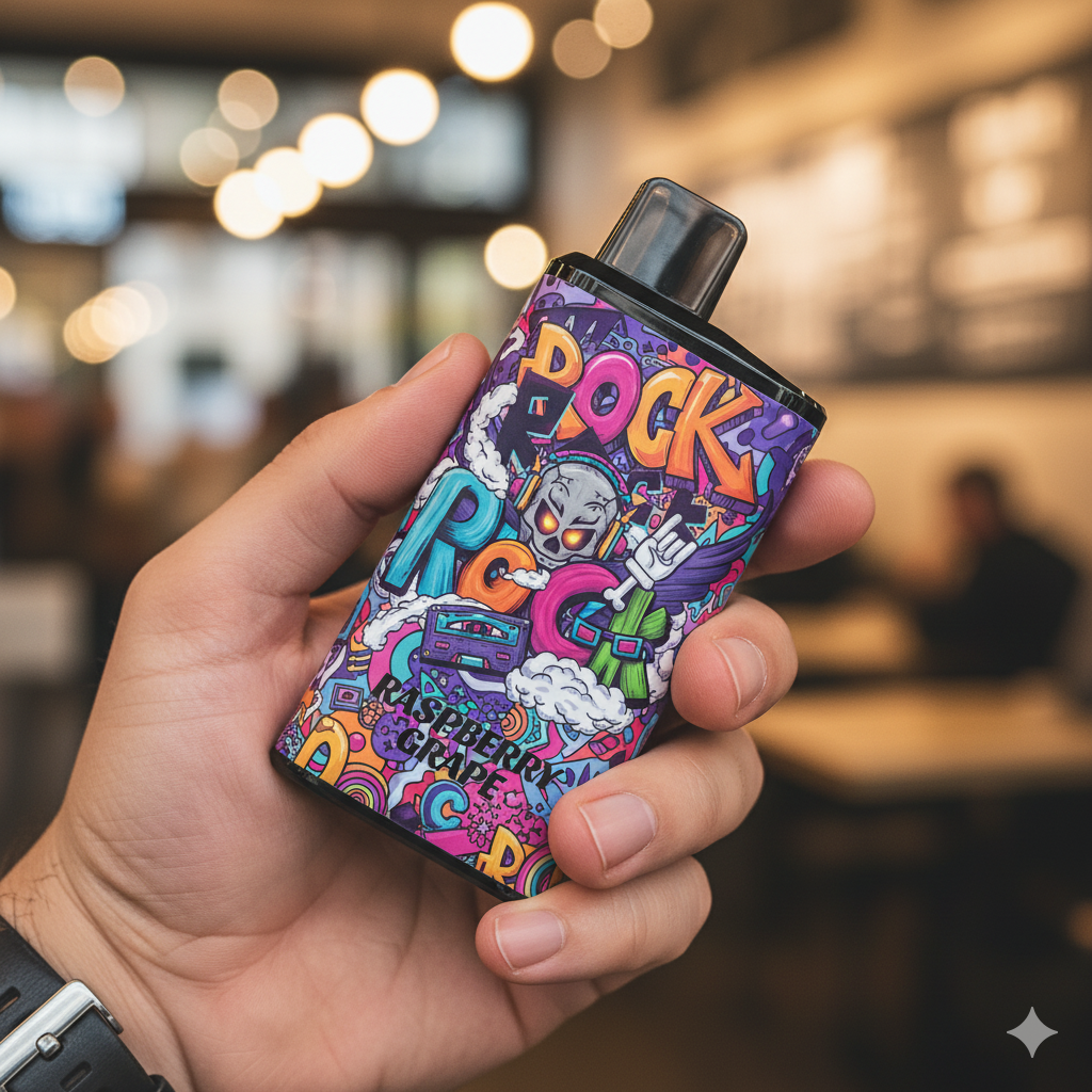 IGET Bar Pro Raspberry Grape disposable vape held in hand against a blurred Aussie cafe background.