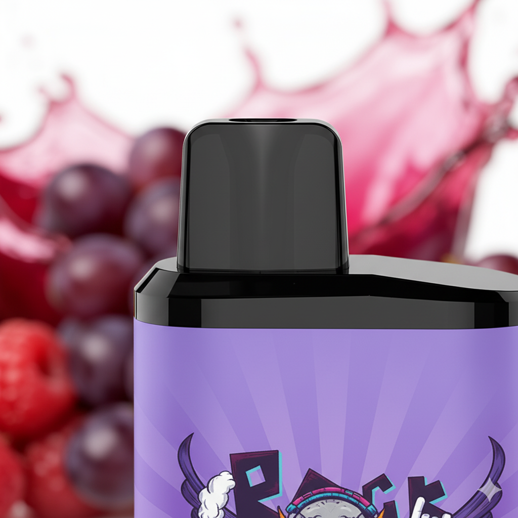 Macro shot of the IGET Bar Pro Raspberry Grape mouthpiece showing the draw-activated opening and graffiti-style body.
