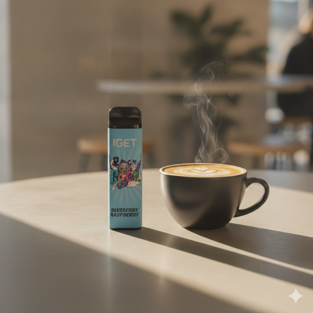 The IGET Bar Pro Blueberry Raspberry Bubble Gum vape resting on a cafe table next to a cup of coffee, showcasing its daily portability.