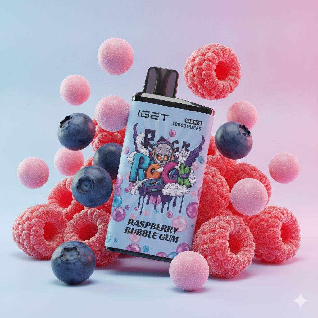 A clean graphic illustrating fresh blueberries, ripe raspberries, and a pink bubble gum ball to represent the IGET Bar Pro Blueberry Raspberry Bubble Gum profile.