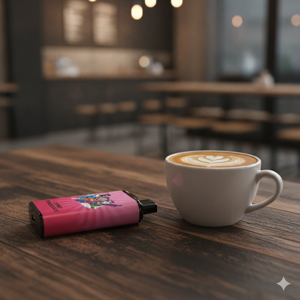 An IGET Bar Pro Cherry Pomegranate vape sitting on a wooden cafe table beside a fresh coffee