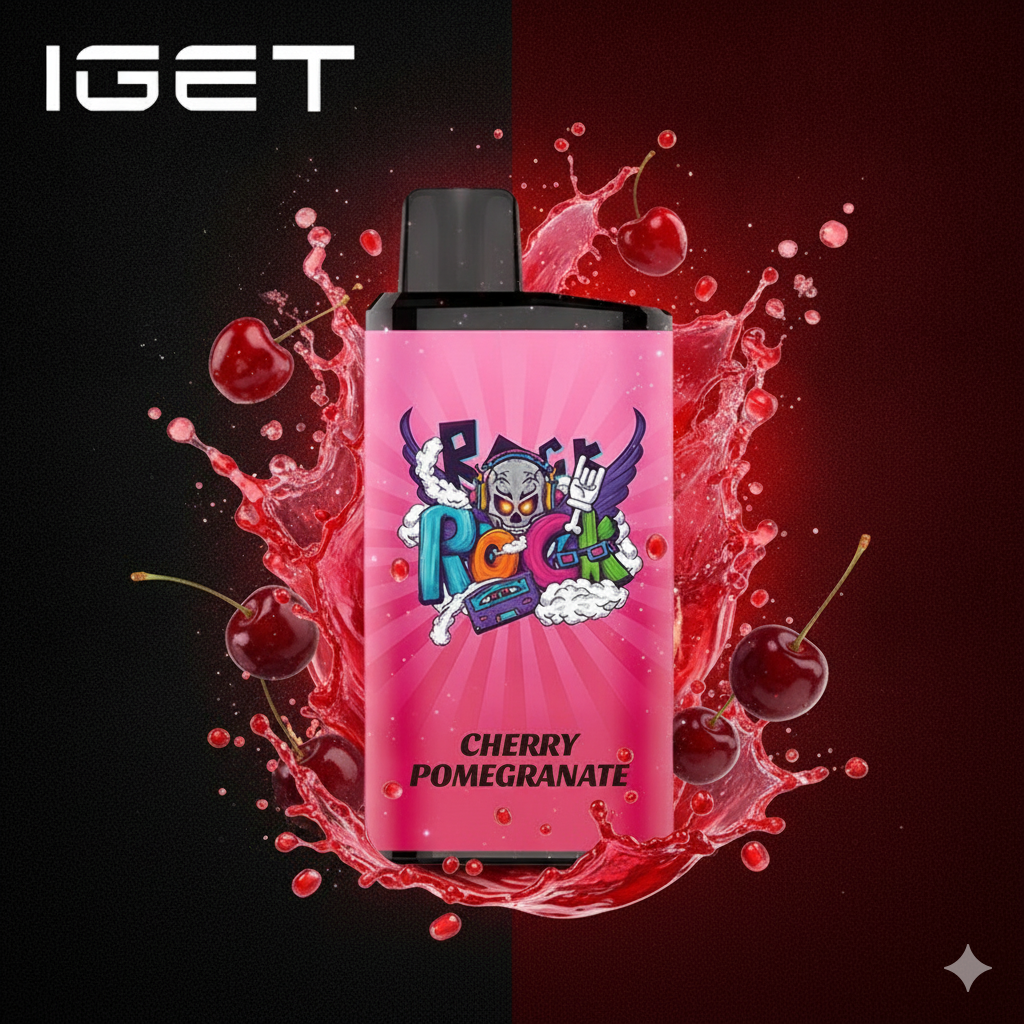 Infographic chart breaking down the IGET Bar Pro Cherry Pomegranate profile into sweet dark cherry, tart pomegranate, and low cooling nodes