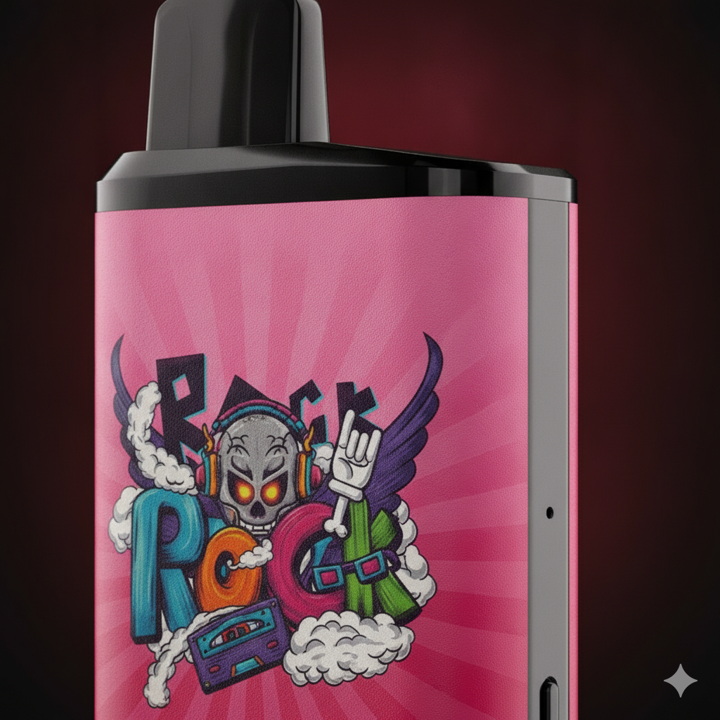 Close-up detail of the durable IGET Bar Pro mouthpiece and 'Rock Never Stop' graffiti design on its outer shell