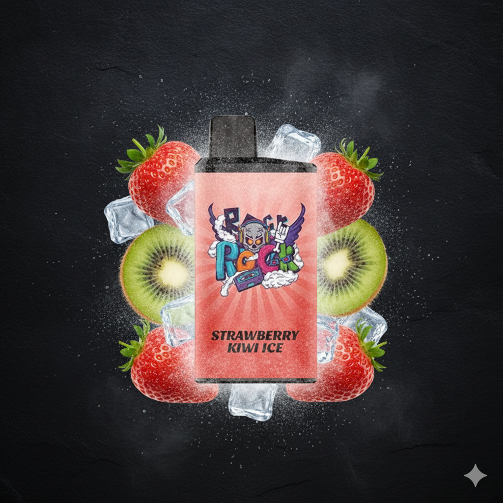 A premium product banner of the IGET Bar Strawberry Kiwi vape surrounded by fresh fruits, ice, and mist.