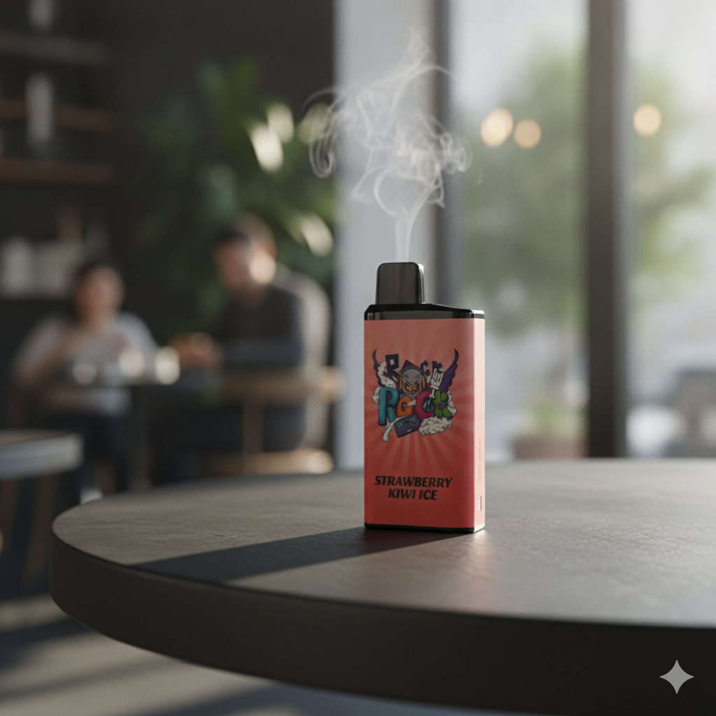 Close-up macro shot of the IGET Bar vape on a modern concrete table with soft lighting.