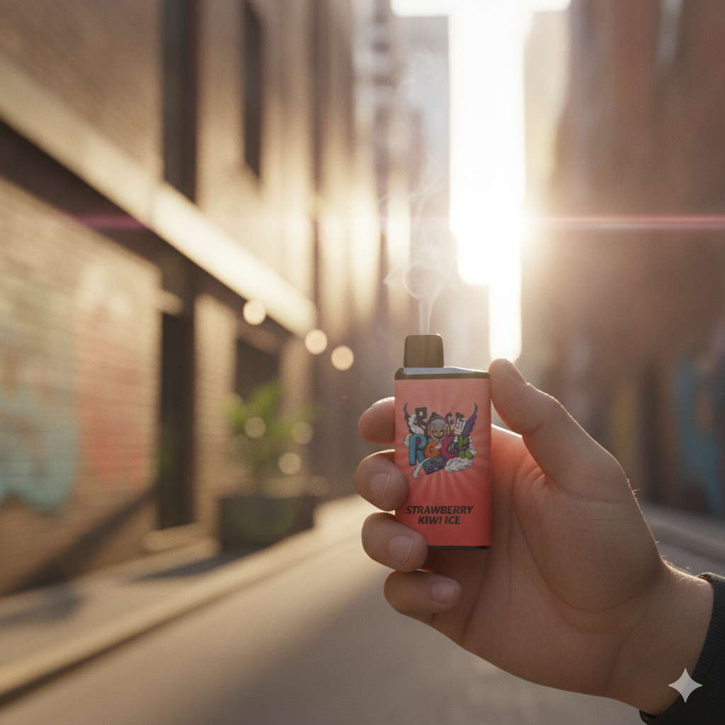 Close-up of a hand holding the IGET Bar vape against a blurred Melbourne city background at golden hour.