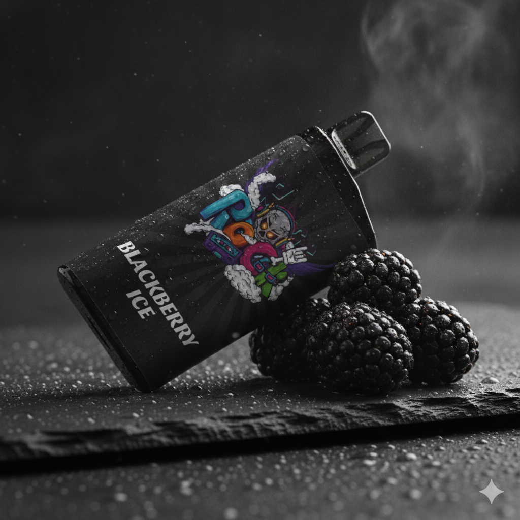 Close-up of a purple vape device resting on a dark slate surface next to fresh blackberries.