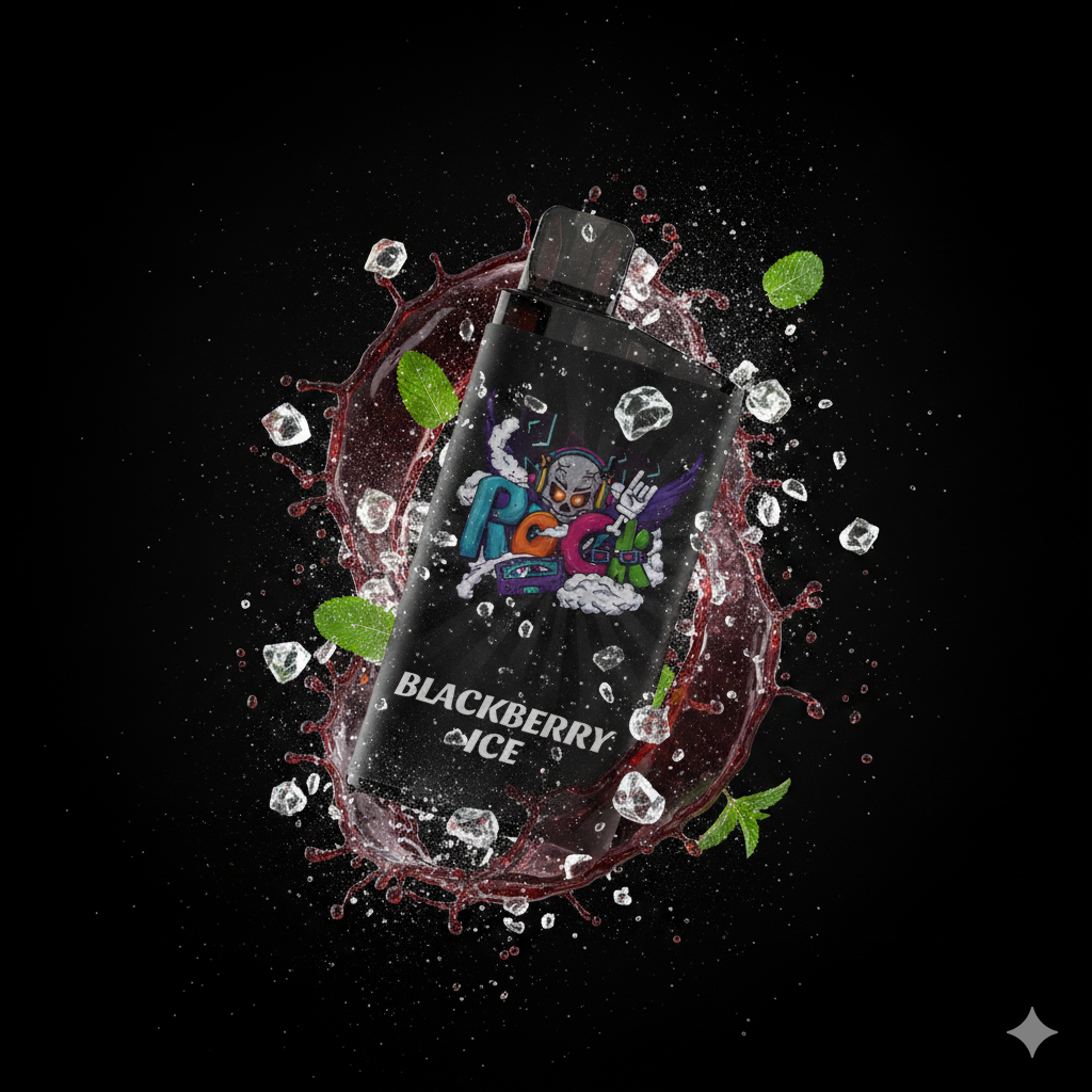 High-speed splash photography of a vape device with exploding blackberry juice and ice crystals.