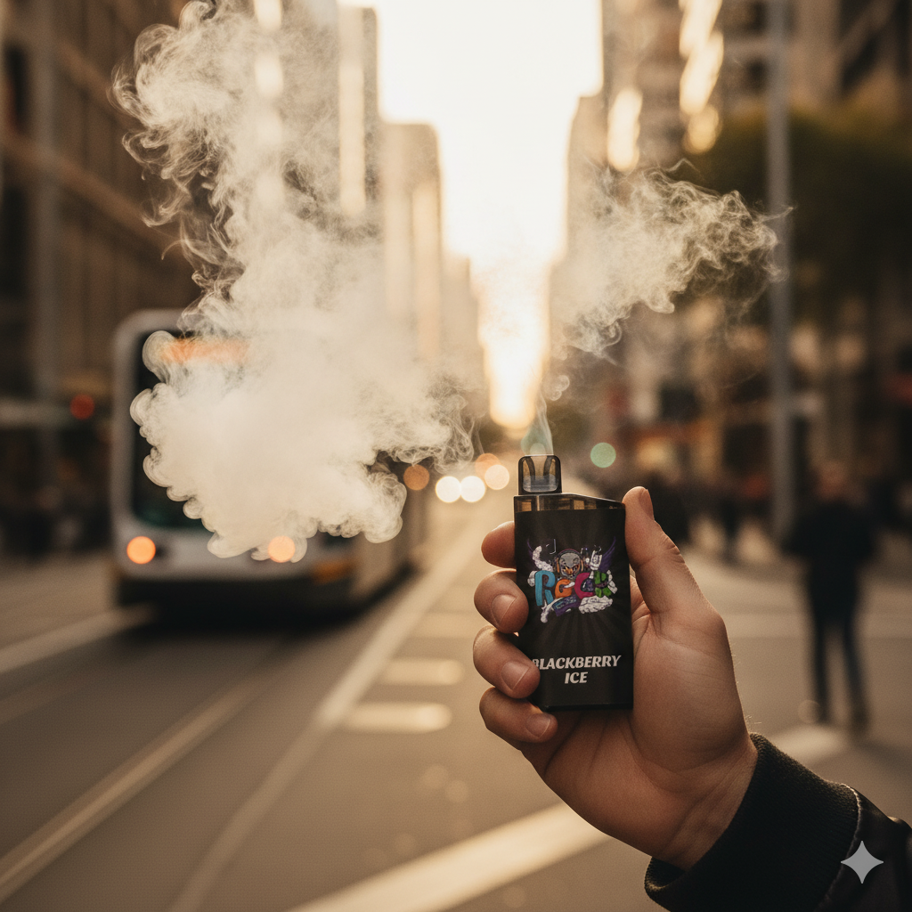 Stylish adult hand holding a purple vape device with a blurred Melbourne street background.