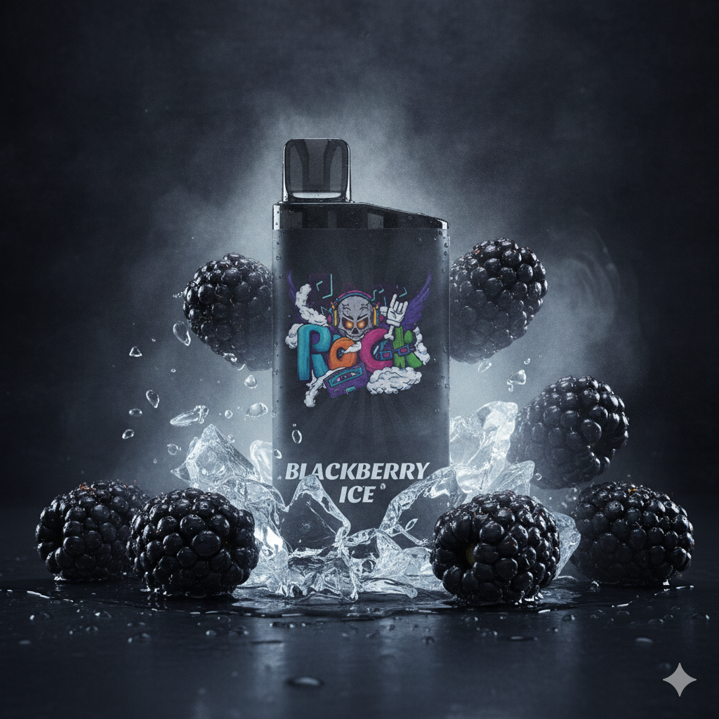 Sleek disposable vape surrounded by fresh blackberries and ice cubes with a cold mist background.