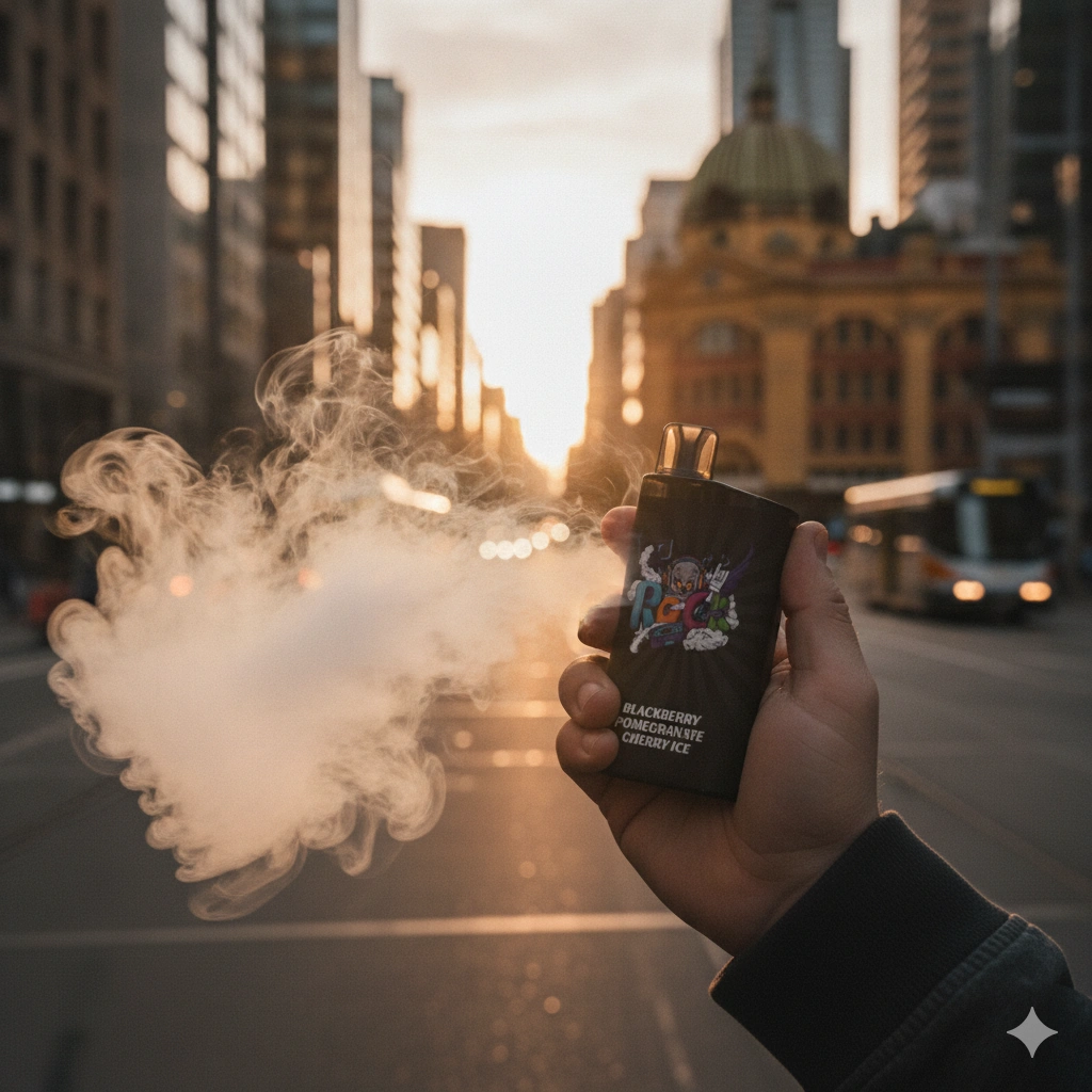 Hand holding vape in Melbourne CBD golden hour street scene