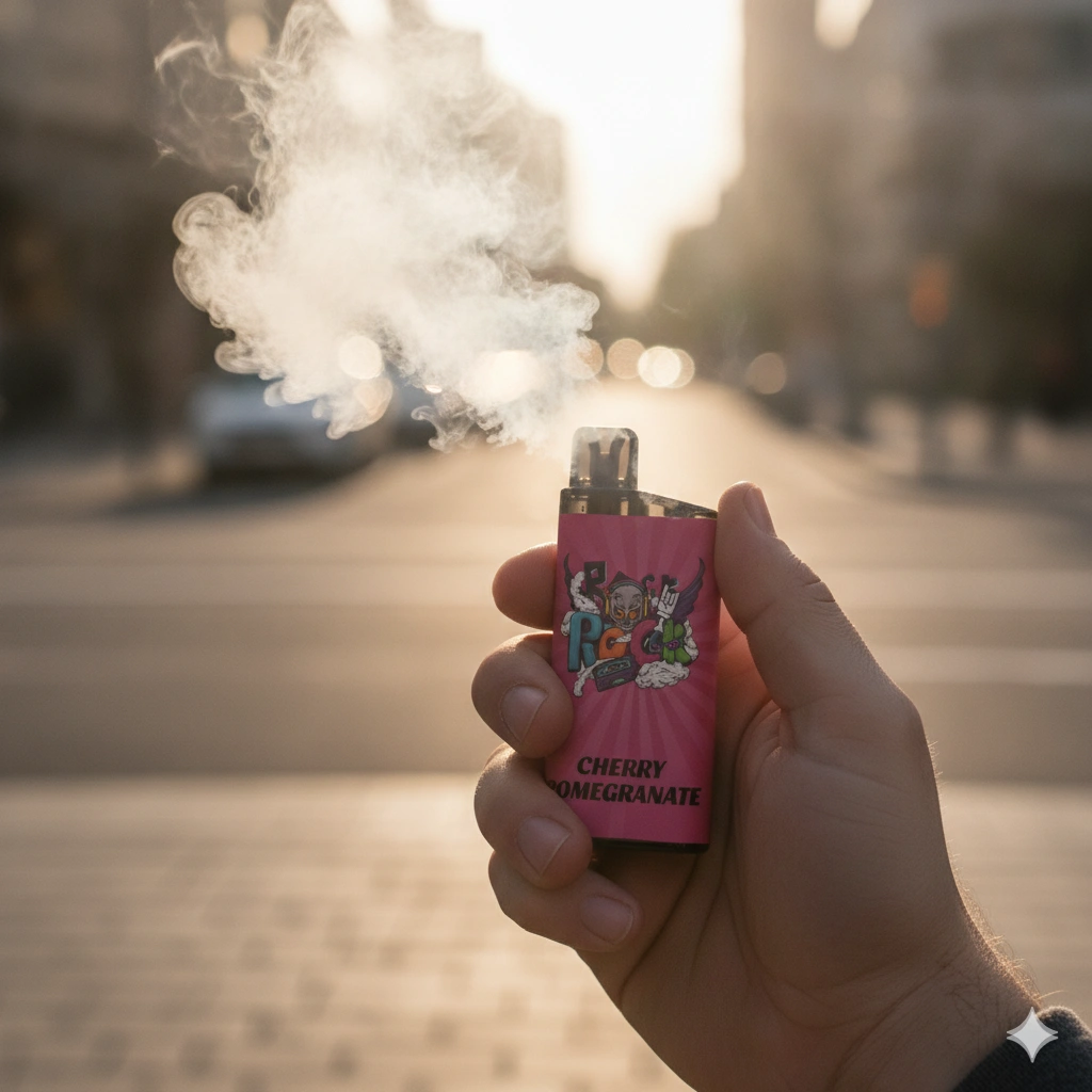 An adult hand holding an IGET Bar vape with a smooth vapour cloud in a blurred Australian street.