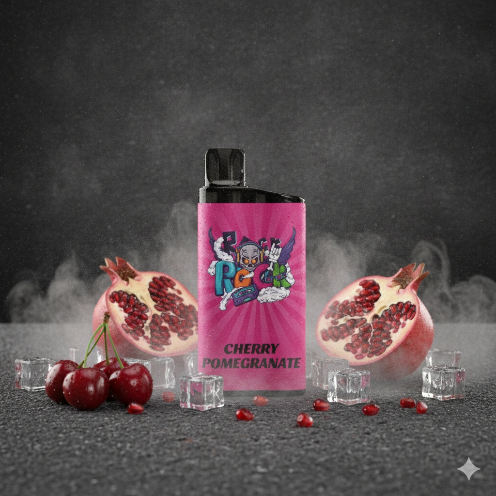 A premium studio product shot of the IGET Bar vape surrounded by fresh cherries, pomegranate, and cold ice.