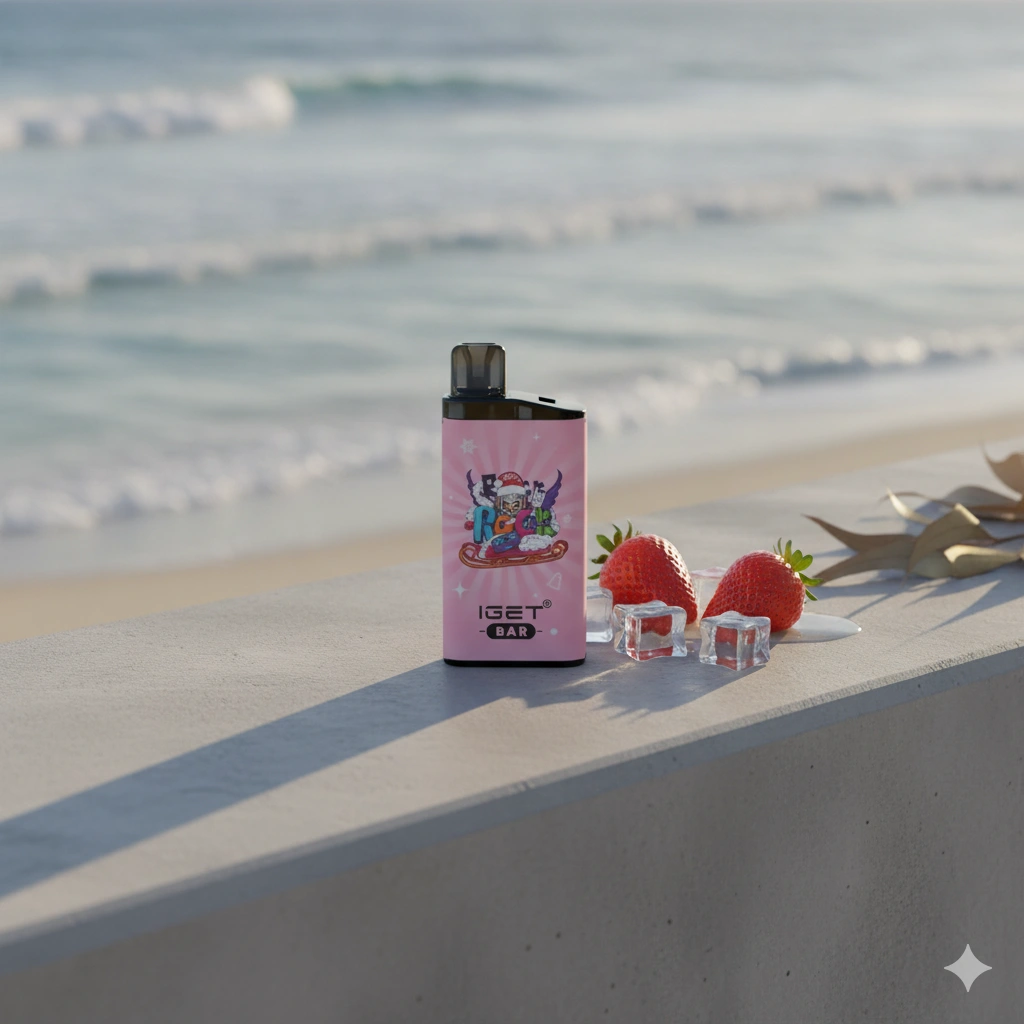 A minimalist lifestyle photograph of a sleek red and white vape device resting on a modern light-grey concrete ledge overlooking a sunny Australian beach. The background features soft bokeh of turquoise ocean waves and dry eucalyptus leaves, golden hour sunlight casting soft shadows, fresh strawberries and ice cubes scattered nearby, clean aesthetic, shot on 50mm lens.