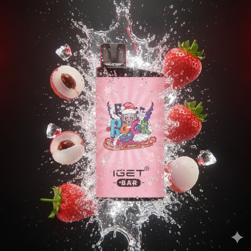 A dynamic commercial product shot of a glossy red and white rectangular vape device centered in a dynamic explosion of water splashes, fresh sweet strawberries, peeled translucent lychees, and sharp ice crystals. Studio lighting with neon red and white accent colors, high-contrast background, hyper-detailed fruit textures, 8k resolution, cinematic composition