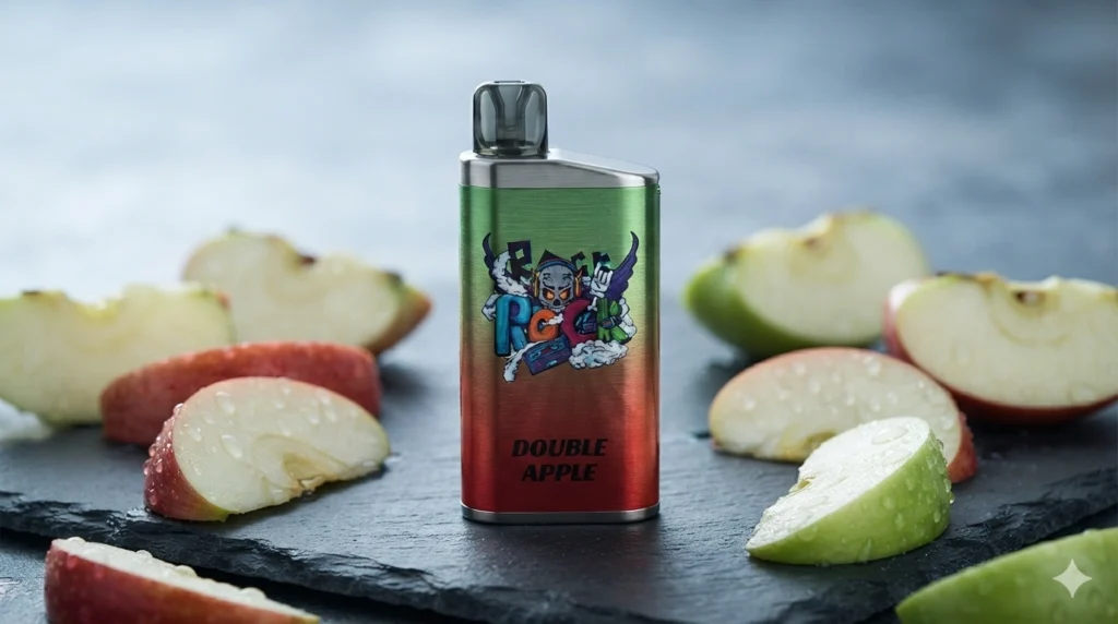 A highly realistic studio product photograph of the green-and-red IGET Bar 3500 disposable vape in premium 304 stainless steel finish. The device stands upright on a dark slate surface, surrounded by crisp red and green apple slices with water droplets. Soft side studio lighting highlights the metallic texture, realistic texture, 8k resolution, commercial advertising style