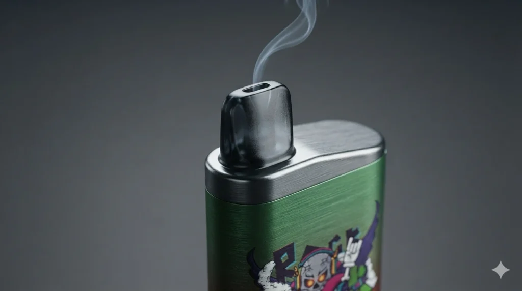 A macro photograph showing the sleek whistle-style mouthpiece of the IGET Bar 3500, with a thin wispy trail of vapour escaping. The background is a clean, dark grey minimalist studio setting. Soft, dramatic highlights emphasize the premium polycarbonate and aluminum texture of the chassis. High-end product review style, ultra-detailed